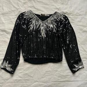 Vintage silk Black and silver sequin blouse Size small